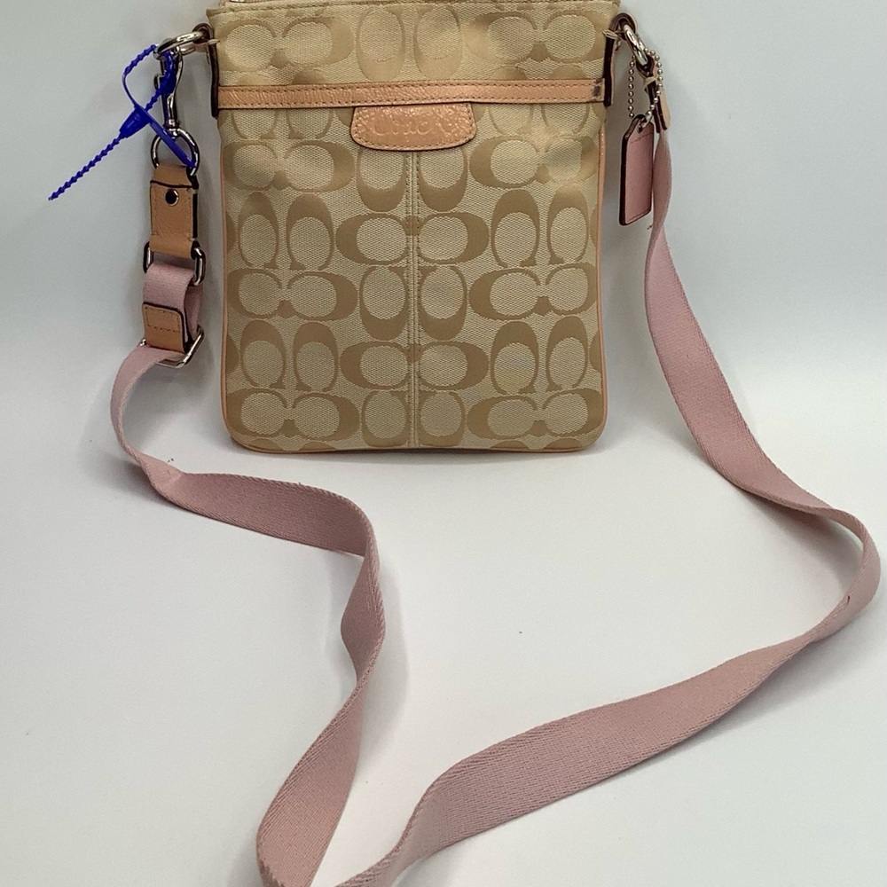 Coach Cream and Pink Crossbody Bag with Signature Monogram
